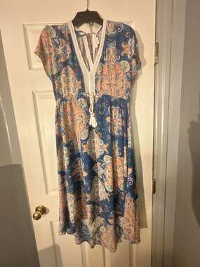 Springfield Paisley Print Boho Midi Dress with Lace Trim and Tassel Drawstring